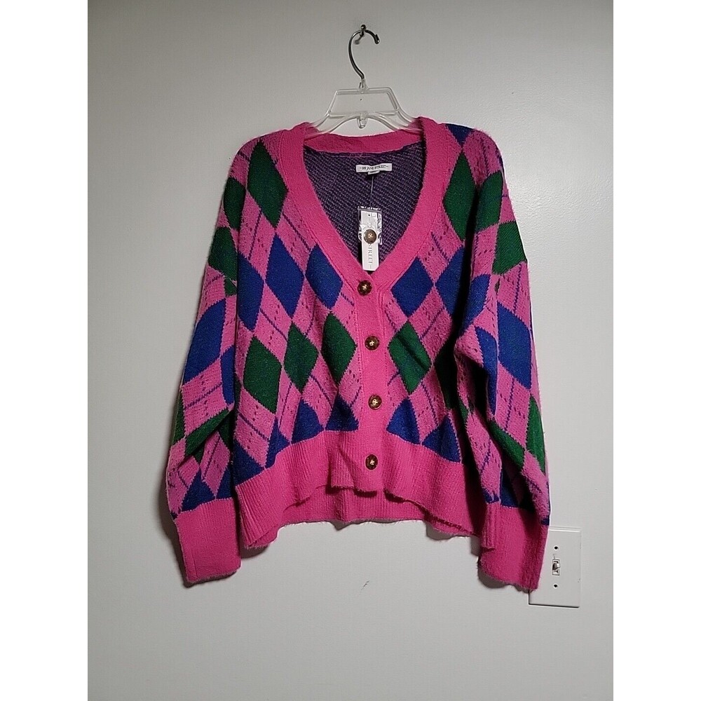 99 Jane StreetFuzzy Knit Slouchy Cardigan Sweater Pink Argyle Women's XL